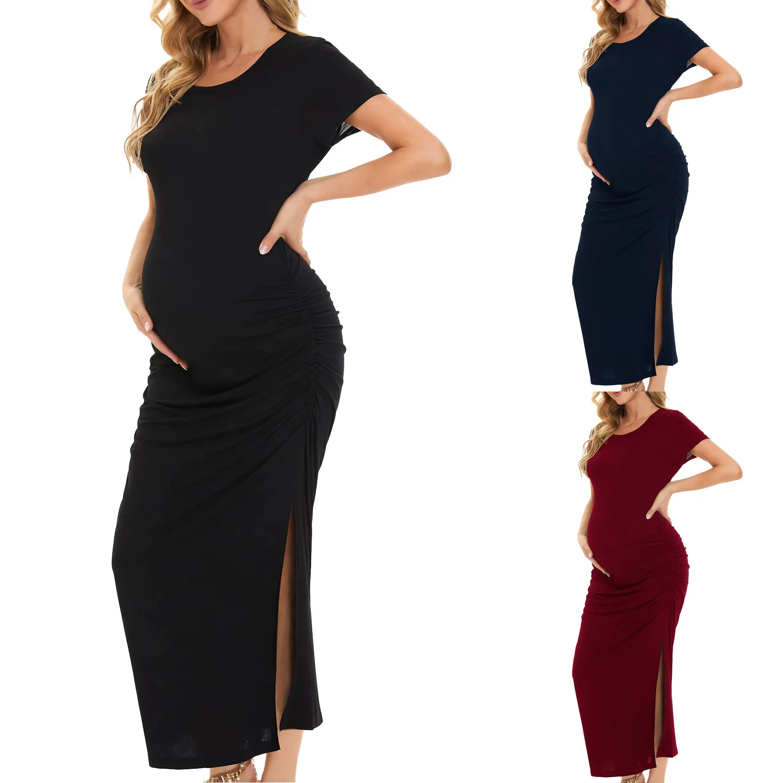 

Summer Fashion Women's Long Dress Maternity Casual Dress Short Sleeve Ruched Solid Color Pregnancy Maternity Clothes robe femme