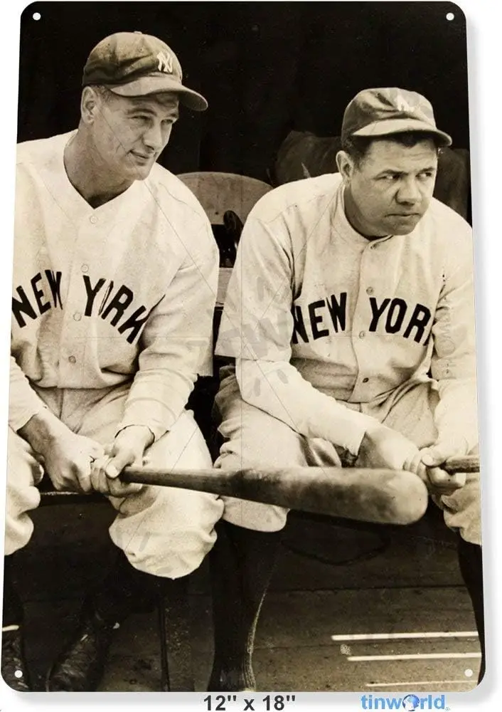 Tin Sign Babe Ruth & Lou Gehrig Yankees Decor Baseball History Card Shop 12