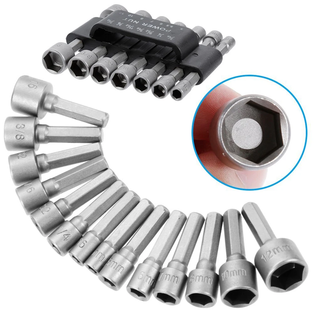 

14 pcs Hex Shank Screwdriver Bits Set 5-12Mm 3/16-3/8 Inch Impact Driver Socket Adapter Drill Nut Tool Kit For Power Drills Auto