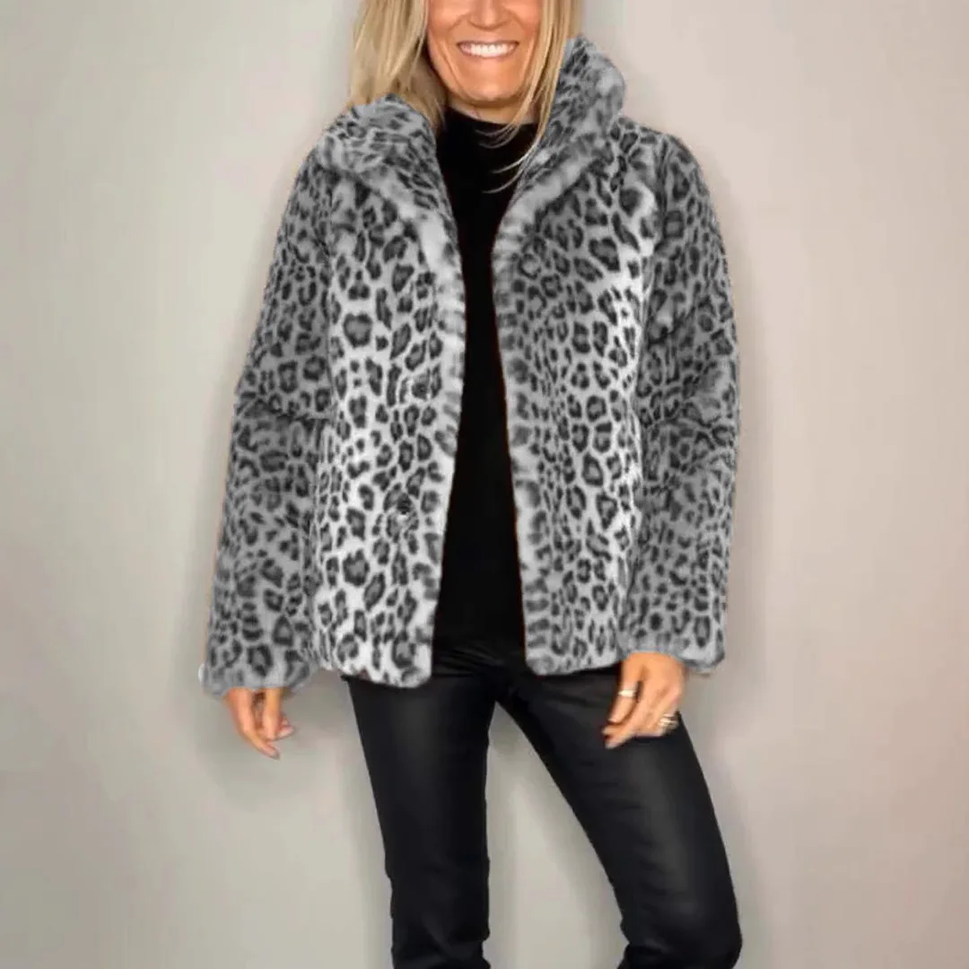 2025 Autumn and Winter Fashion Leopard Print Lapel Faux Fur Women's Short Jacket