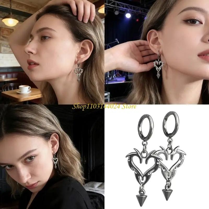 N5KE Stainless Steel Flame Heart Earrings With Spikes Fashion Statement Gothic Punk Accessories for Men Women