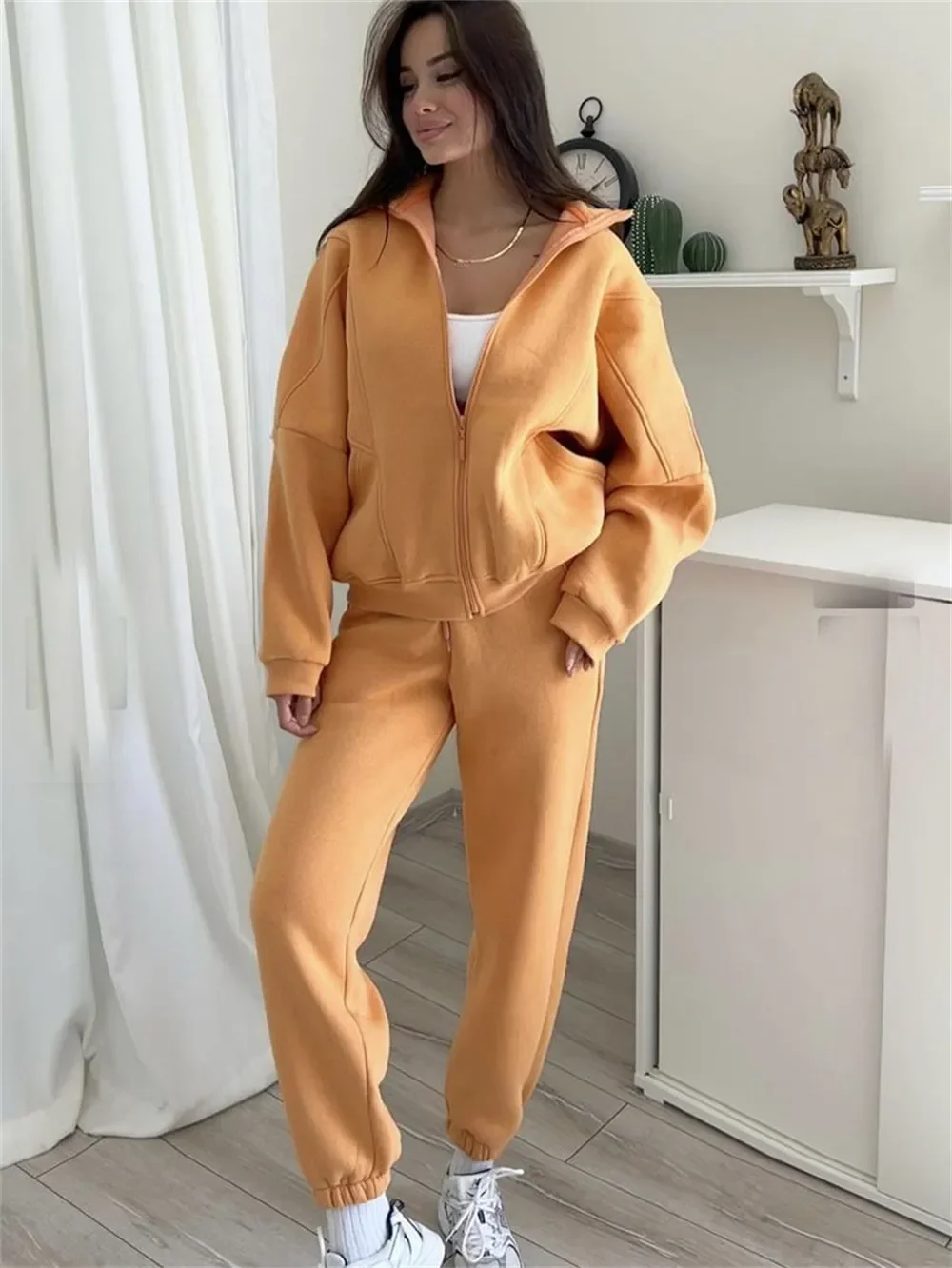 Autumn Sports Zipper Sweatshirt and Pants 2 Piece Set for Women Casual Solid Long Sleeve Jacket Trousers Warm Thick Sports Suit