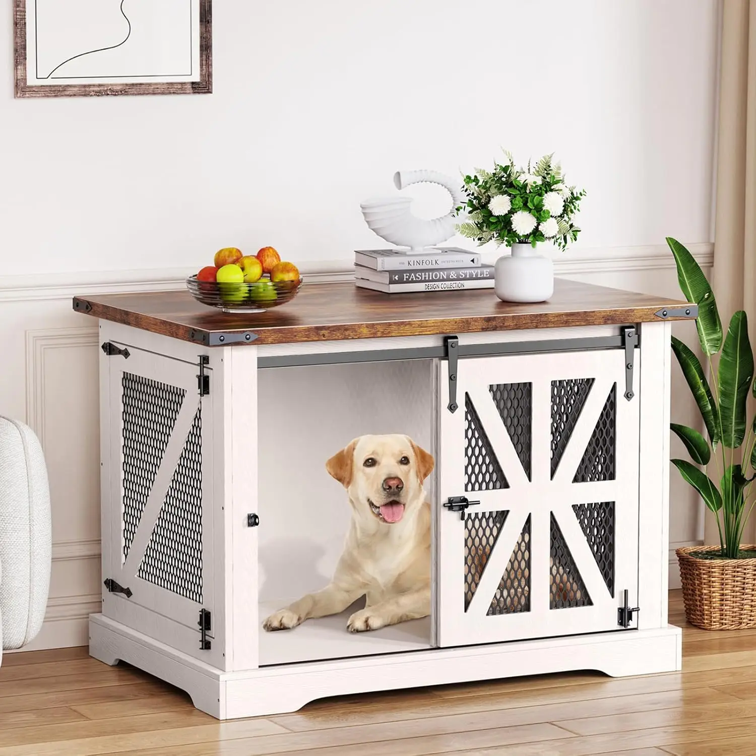 

40" Farmhouse Dog Crate Furniture, Heavy Duty Dog Crate for Medium Large Dogs, Wood Dog Cage Dog Kennel Indoor with, Customized