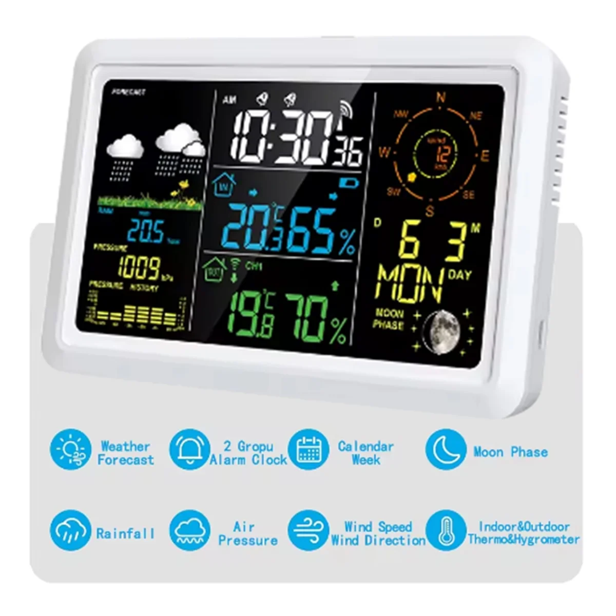 A002 7.5In LCD Screen Weather Station with Outdoor Sensor Indoor Outdoor Thermometer Wind Speed and Direction Moon Phase(EU)