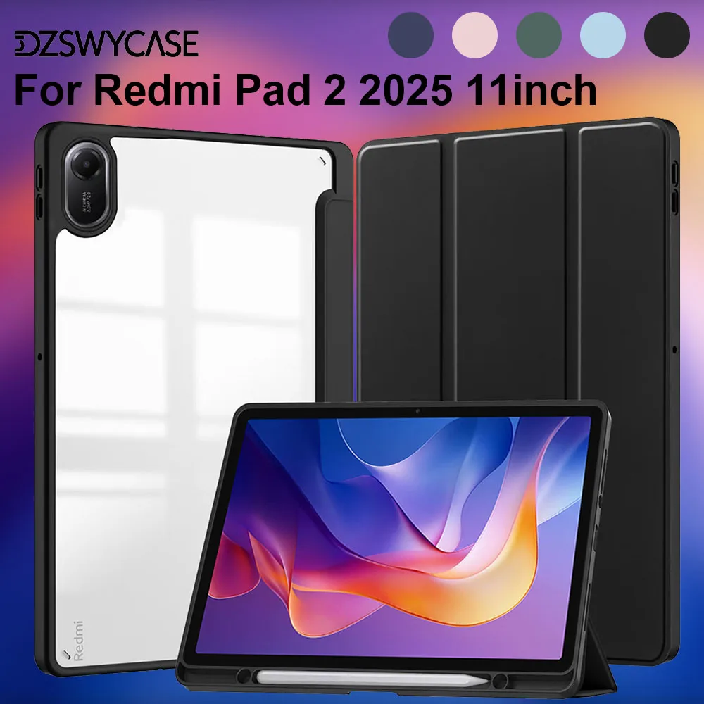 Hülle für Xiaomi Redmi Pad 2 11 Zoll 2025, Dreifach Faltbare Standhülle, mit Stifthalter, Transparente Rückseite mit Auto-Schlaf/Wach-Funktion