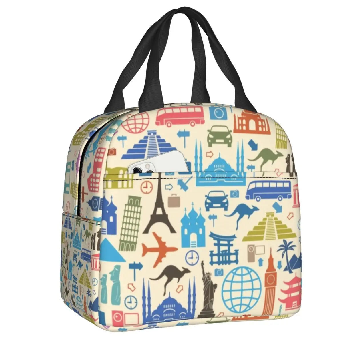 Icons Of Travel Lunch Box Women Multifunction Vacation Paris Italy Thermal Cooler Food Insulated Lunch Bag Office Work