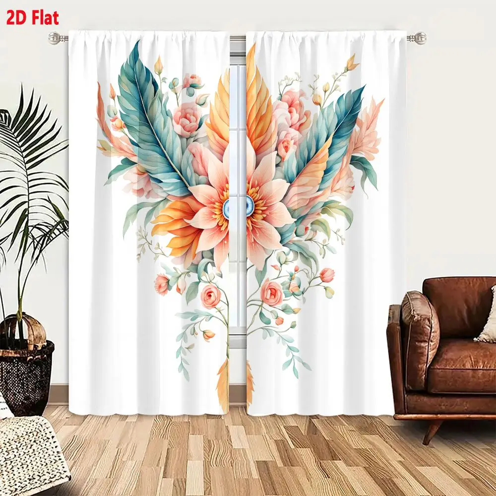 2Pcs Curtains 2D Flat Whimsical Watercolor Floral Arrangement With Stylized Peach Coral Flower Blue Iris Eye Center Pink Roses P