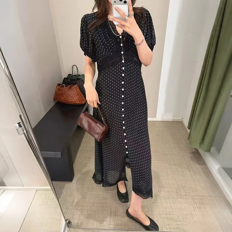 

Withered 2026 Elegant Lace Edge V-neck Single Row Beimu Button Black Polka Dot Long Dress Party Dresses Vestidos Women's Dress