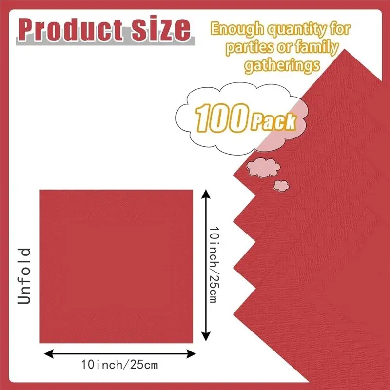 100 Pcs 2-Ply Red Cocktail Napkins Folded 5 X5 Inch-AA26