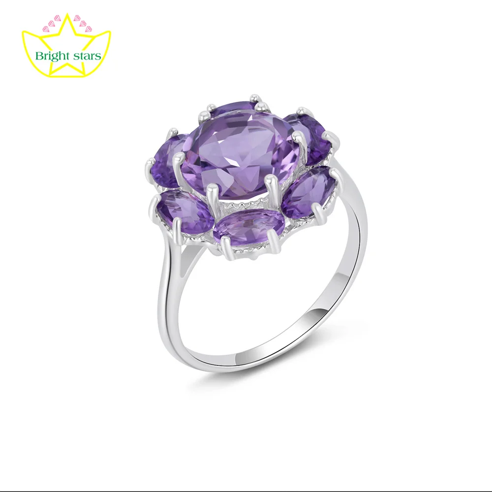 Bright Stars Fashion Flower Ring S925 Silver Natural citrine Amethyst Rings Light luxury temperament jewelry for women