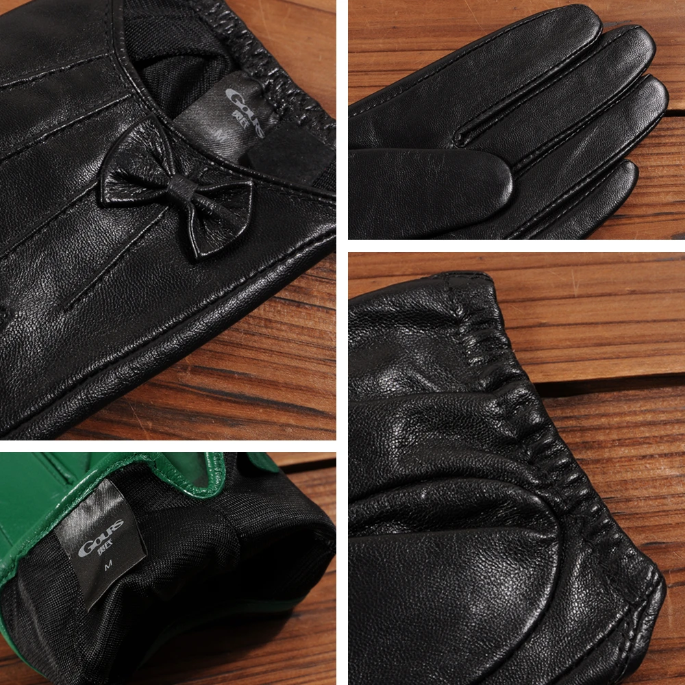 GOURS Winter Real Leather Gloves Women Black Genuine Goatskin Gloves Thin Lined Warm Fashion Bowknot Driving Mittens New GSL047