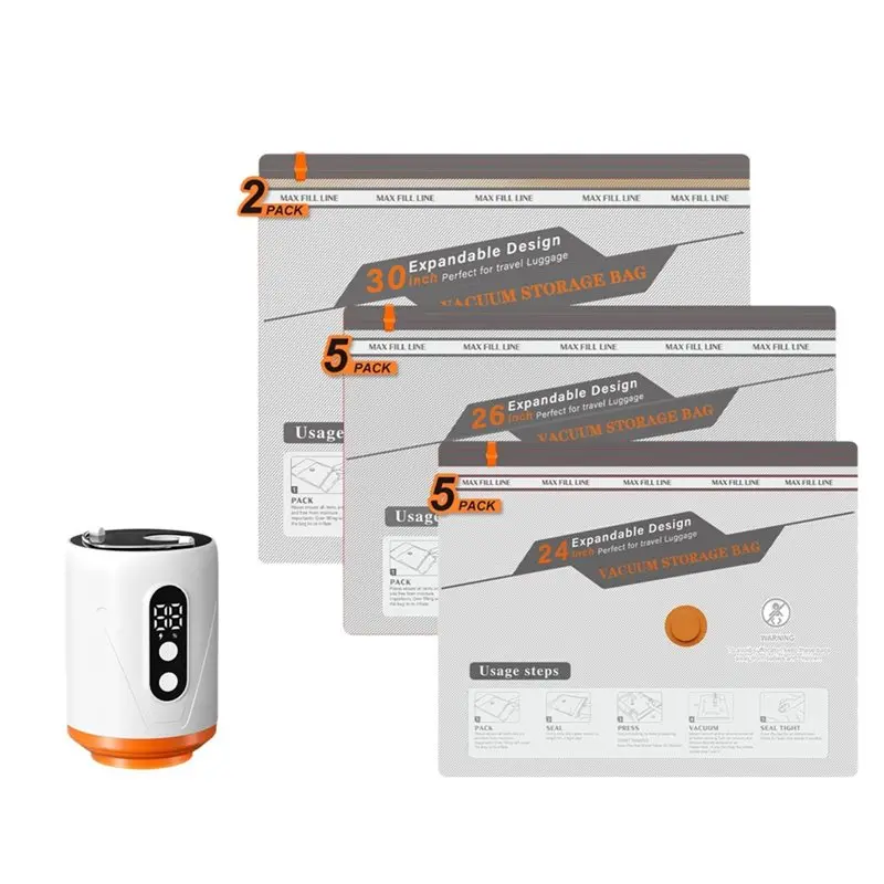 

Беспроводные компрессионные вакуумные пакеты для хранения AT63, 12 штук, с перезаряжаемым воздушным насосом, для путешествий и экономии места в багаже