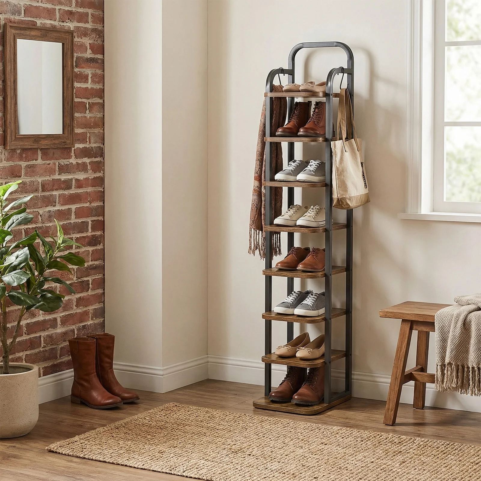 

Вертикальная высокая полка для обуви на 8 ярусов, угловой узкий органайзер для обуви с 2 крючками, регулируемые полки для прихожей и гостиной