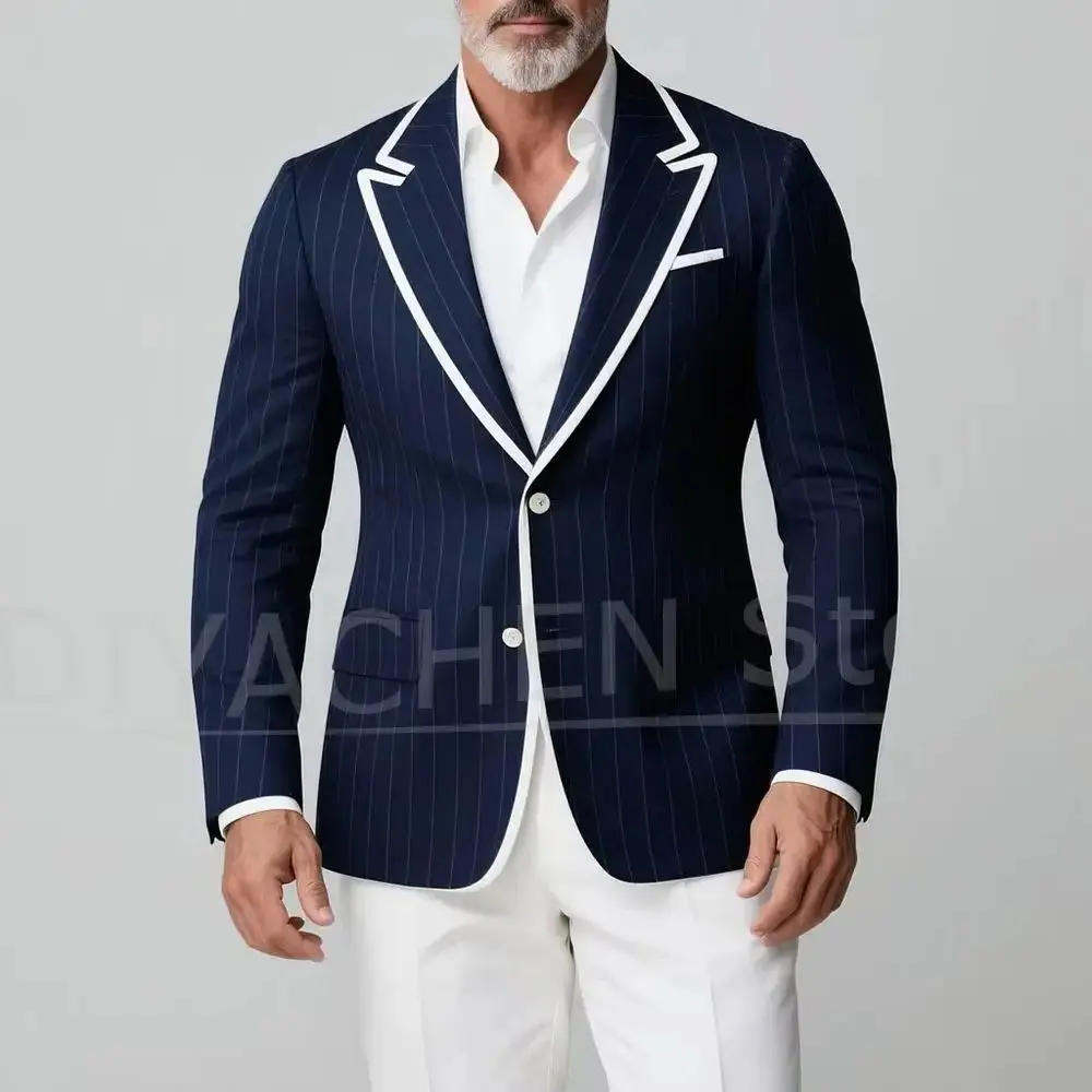 

Men's Navy Blue Striped Blazer Chic Peak Lapel Single Breasted Coat Formal Stylish Business Casual Slim Jacket One Piece