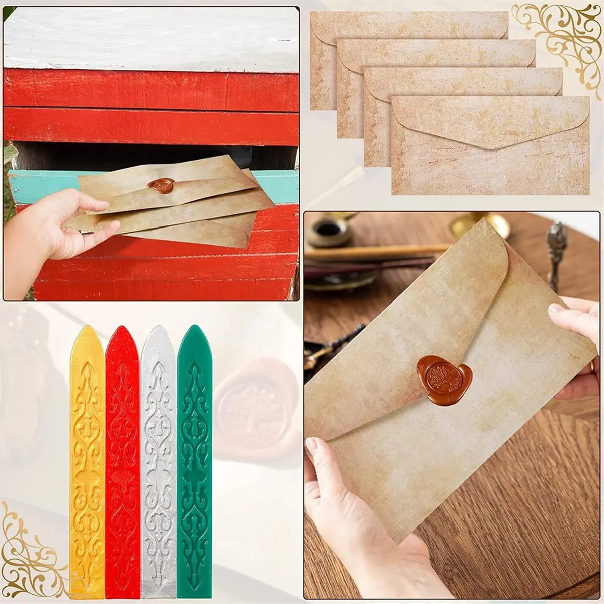 Vintage Stationery Set with Wax Seals Envelopes and 12 Writing Papers for Crafting and Invitations