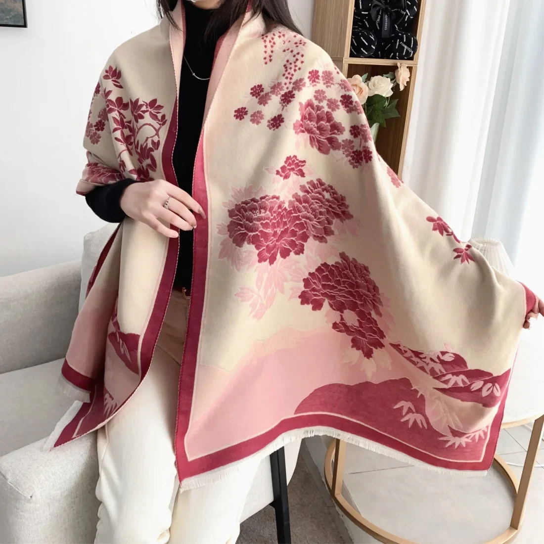 

Air-conditioning Shawl for Women in Autumn and Winter Office Nap Knitted Blanket Imitation Cashmere Tassel Mid-length Warm Scarf