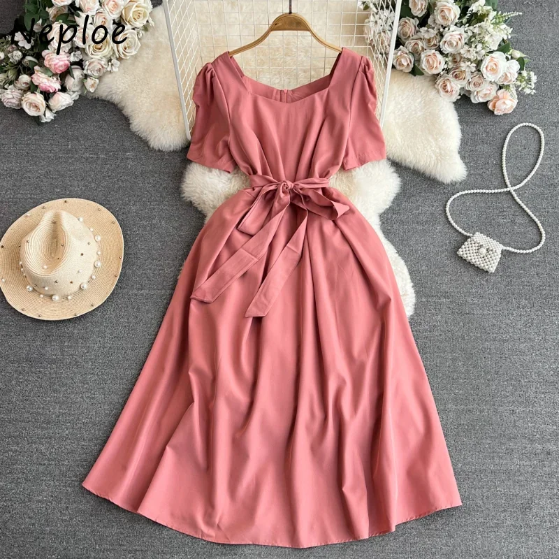 Neploe Elegant Sweet Slim Waist Lace Up Dress for Women Summer Square Collar A-line Dresses Y2k Short Sleeve Vestidos Mujer