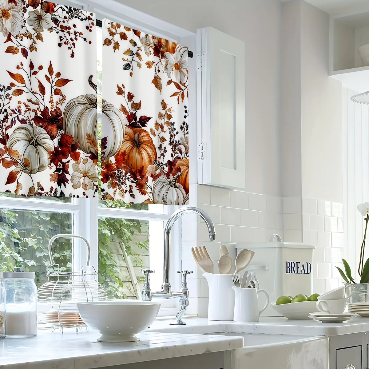 3PCS Vintage Fall Leaves Pumpkin White Flower Kitchen Curtain, Rustic Autumn Harvest Window Treatment Set for Kitchen Cafe Home