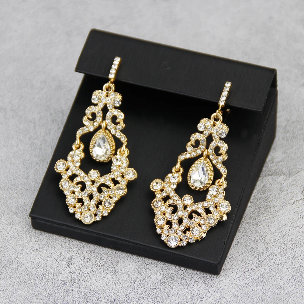 Sunspicems Gold Color Moroccan Crystal Drop Earrings For Women Ethnic Turkish Bride Wedding Jewerly Arabic Dubai Bijoux