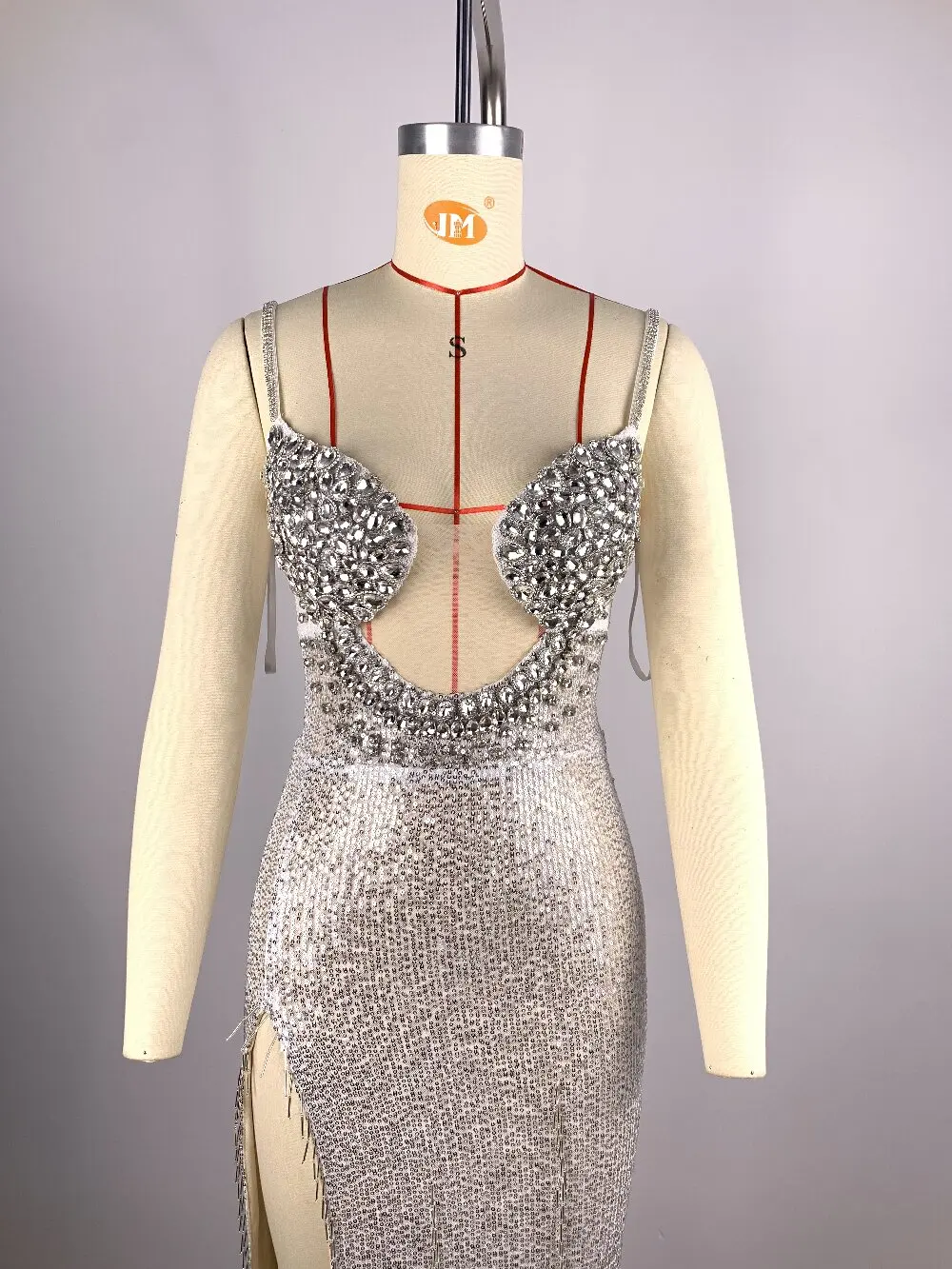 2024womenvestidos Mode Diamanten Pailletten Gaas Kant Split Lange Jurk V-Hals Mouwloze Zilveren Club Feestkleding (72H Verzending)