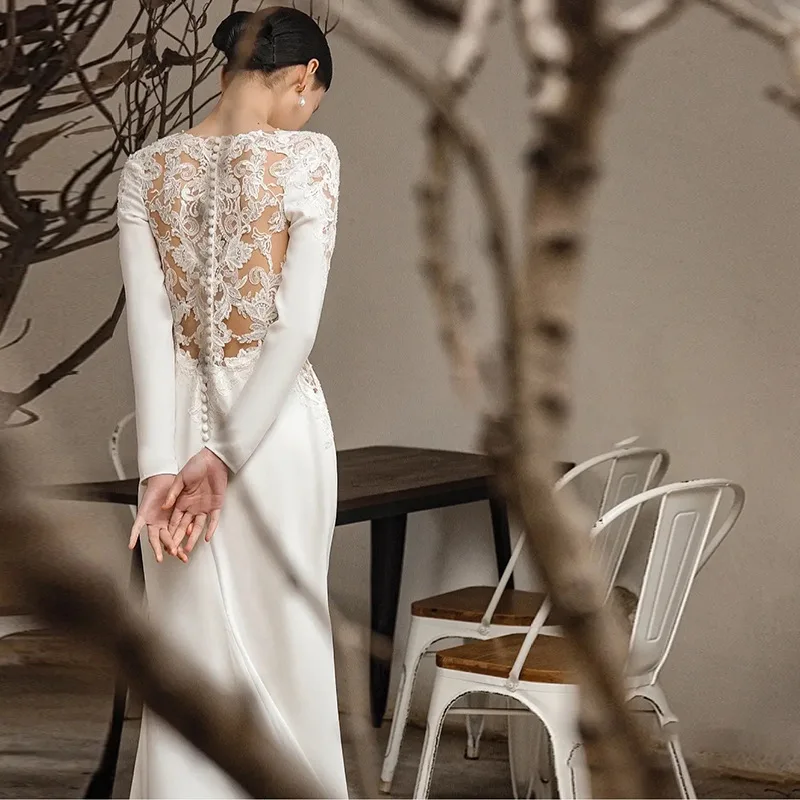 

Women Simple White Satin Lace Wedding Dress Robe De Mariee French Vintage Long Sleeve Formal Mermaid Tailing Party Dresses