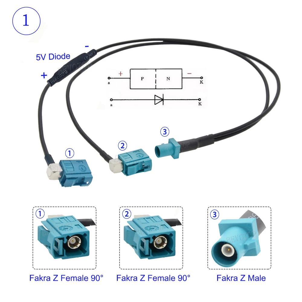 1*Fakra Z Male to 2*Female Car GPS Antenna Splitter RG174 Cable With Diode Fit for Audio Media Navigation System Android Screen