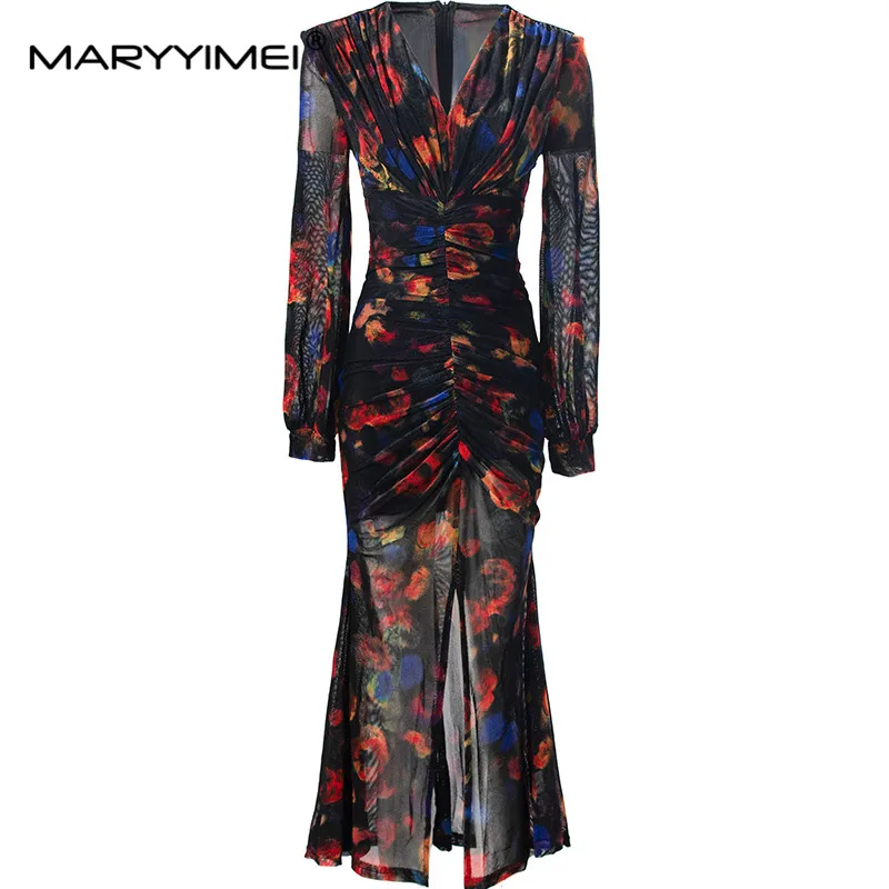 

MARYYIMEI Women's Elegant Evening Prom Dress Lantern Sleeved High waist Slim Print Autumn and Winter Mermaid Dresses