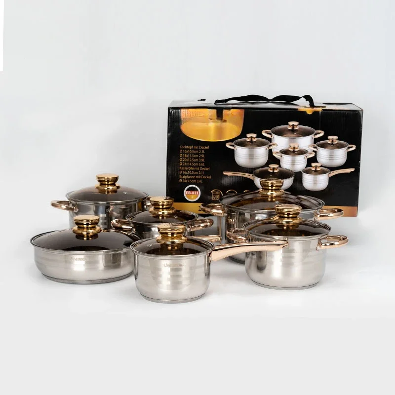 

Stainless Steel 5-Layer Induction Bottom 12 Pcs Cookware Set Hot Selling High Quality Soup Pot Milk Pot For Home Kitchenware