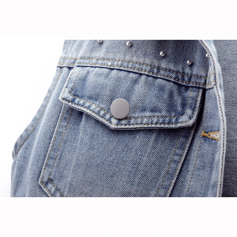 2025 Summer New Beaded Diamond Frayed Light Blue Slim Short Denim Vest Women Fashion Lapel Sleeveless Cowboy Waistcoat Female