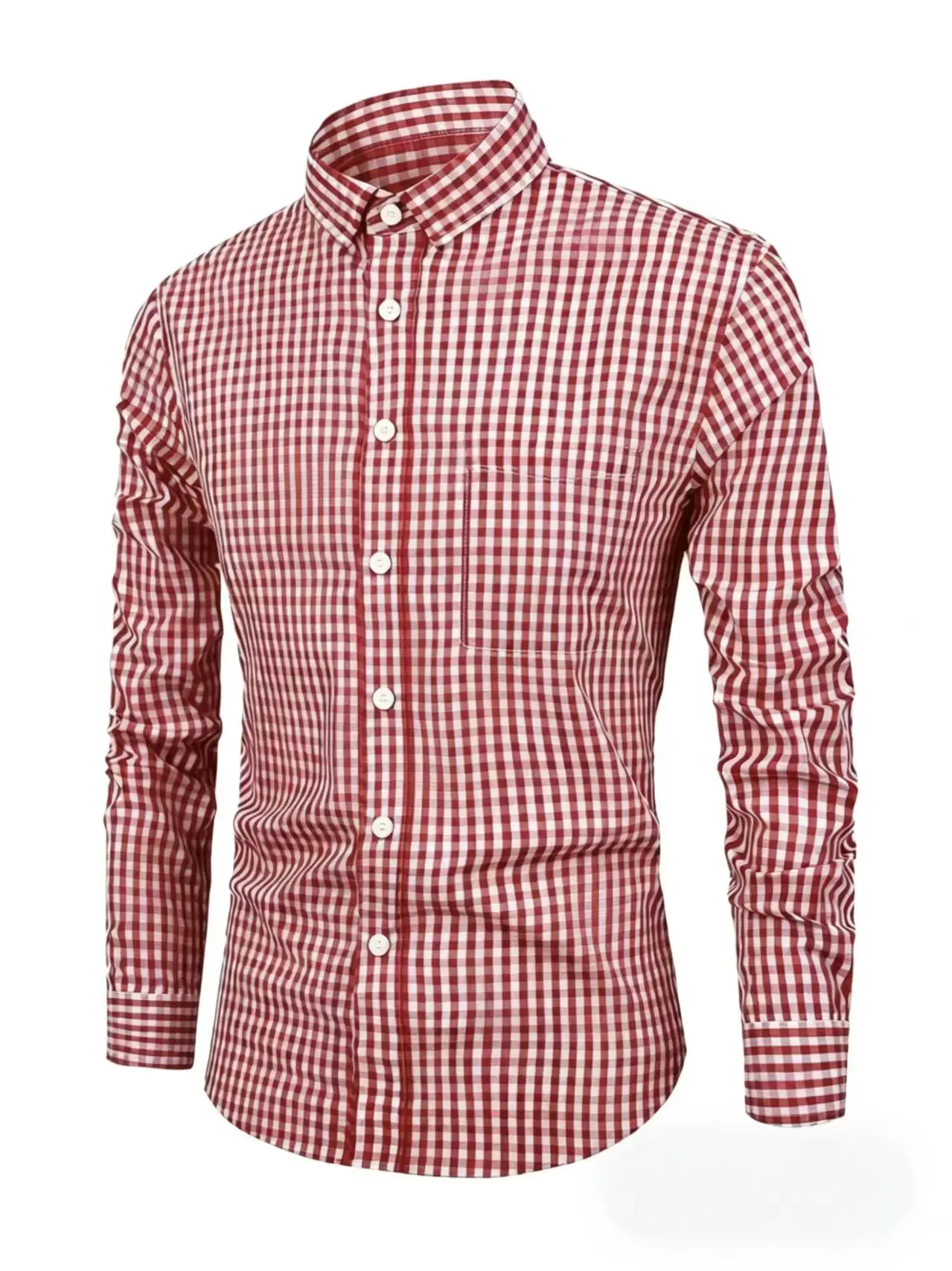 Men's Checkered Fashion Shirt with Long Sleeves, Lapel Buttons, Navy Blue Casual Business Dress Shirt, with Chest Pocket