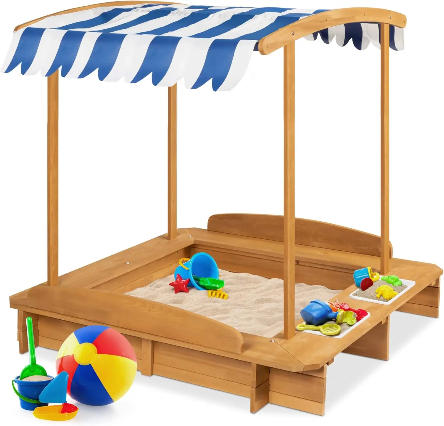 

Kids Wooden Sandbox Playset for Outdoor, Backyard w/ 2 Bench, UV-Resistant Canopy Shade, Fabric Sandpit Cover, 2 Side Buckets