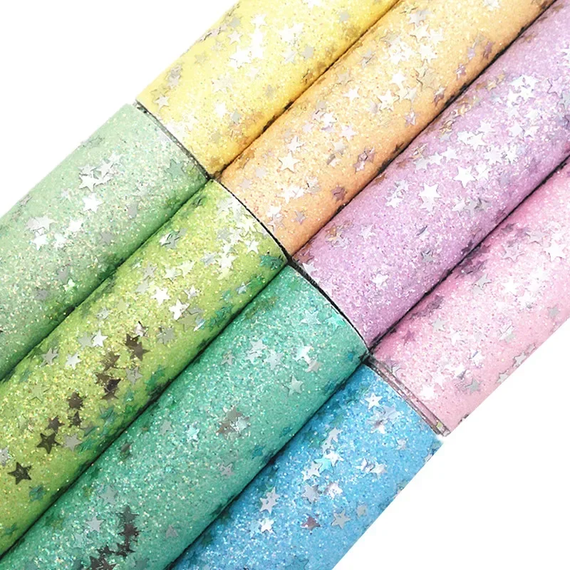 Pastel Color Shimmer Glitter Leather with Silver Stars Glitter Faux Vinyl Fabric Felt Backing Leather For Bow DIY 21X29CM FZ255B