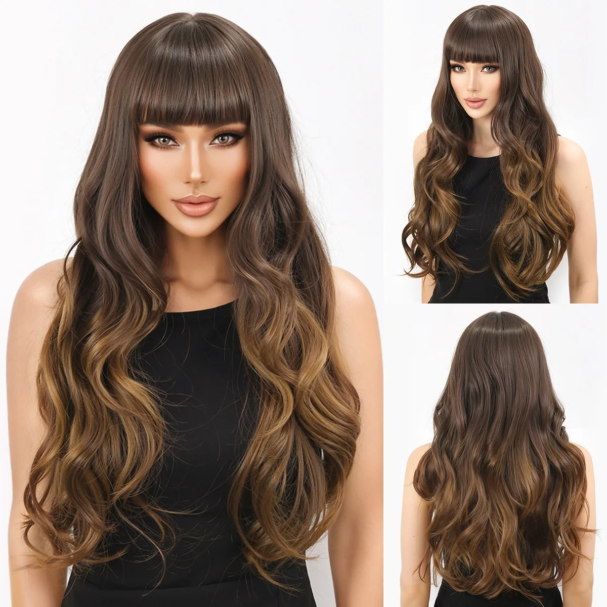 European and American trend wig women brown bangs synthetic wig long curly hair full head cover Wig