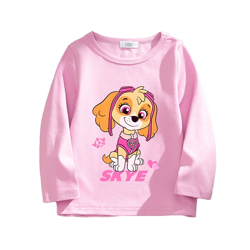 幼児用の足パトロールTシャツ,ピンクのTシャツ,長袖,クルーネック,漫画の犬,ベビーカジュアルウェア