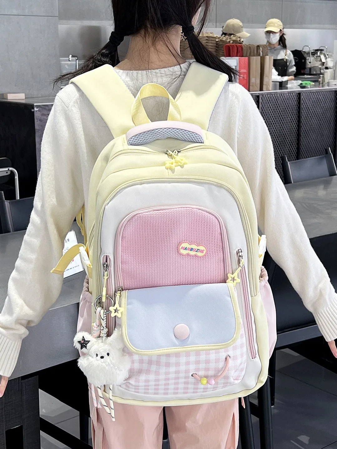 Ins Academy Style Color Contrast Plaid Backpack Multi Compartment Storage Lightweight Wear Resistant Rucksack For Girls