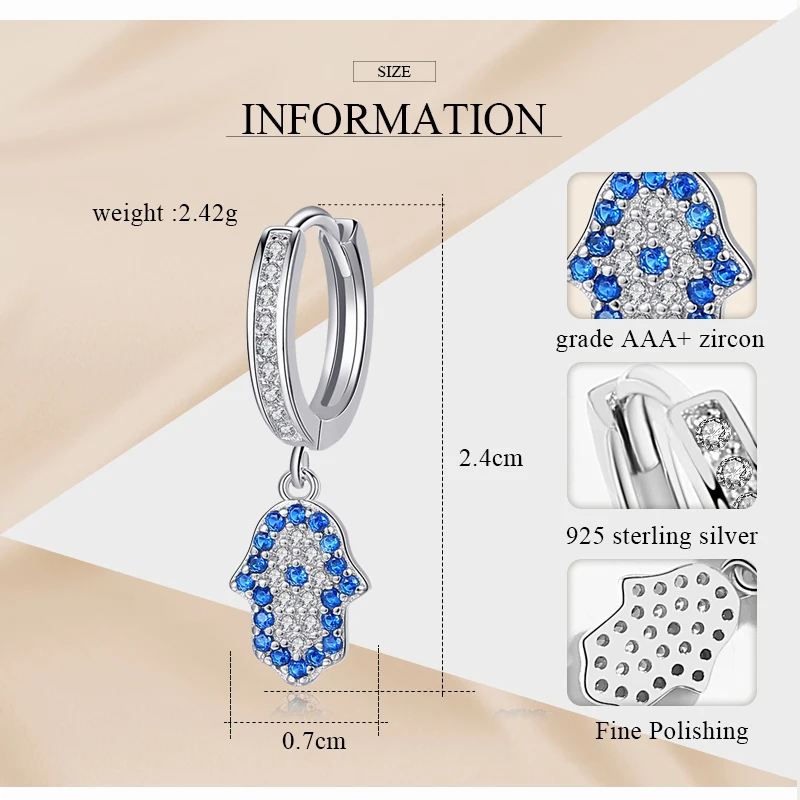Kaletine 925 Sterling Silver Hamsa Hand Drop Earrings for Women Blue Eye Lucky Turkish Earring Cubic Zircon Fashion Jewelry