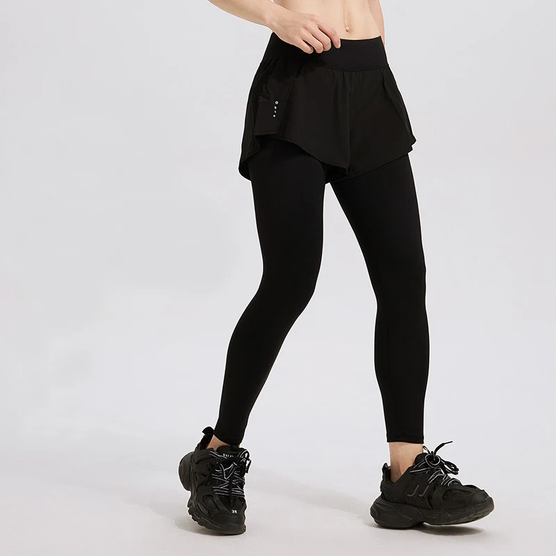 Women's Fake Two Piece Yoga Pants with Side Pockets Stretchy Tight Fit Running Workout Fitness Long Leggings