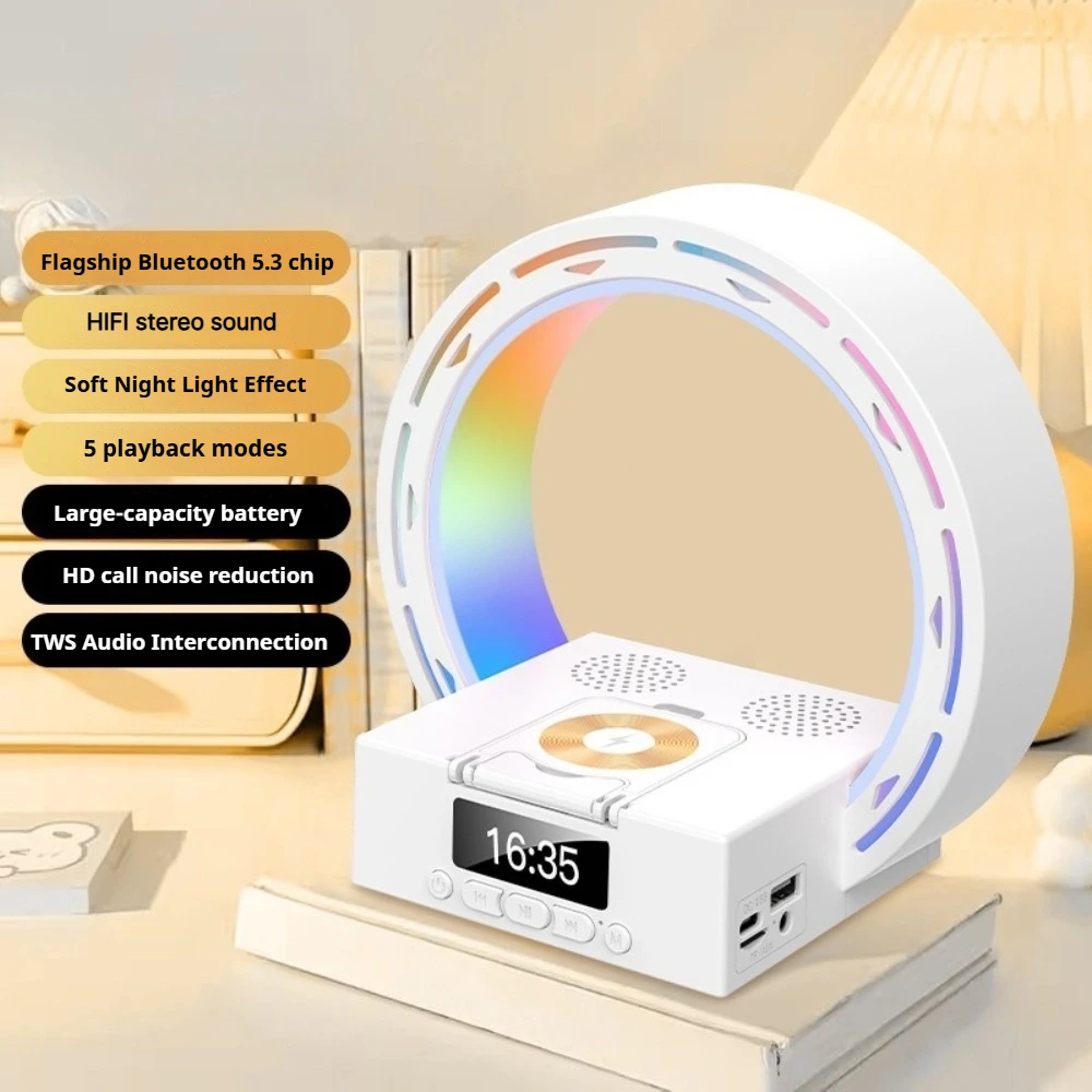 Bluetooth Speaker with Wireless Charging Station Ambient Light Digital Time Display, Cell Phone Holder Alarm Clock Desktop Audio