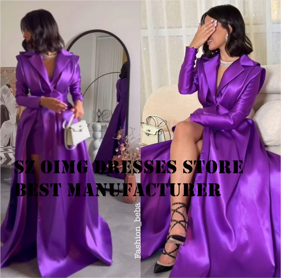 OIMG V Neck Prom Dresse Satin Long Sleeves Purple Customized Elegant  Vintage Women Simple  Evening Gowns Formal Party Dress