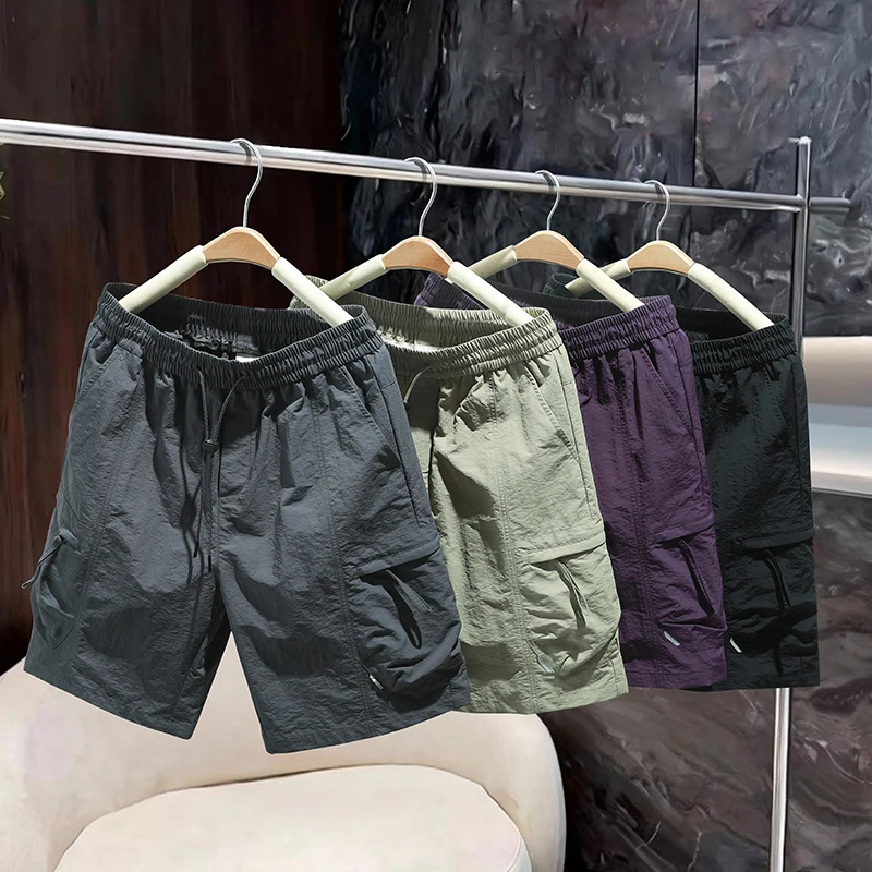 

Мужские шорты-карго с эластичным поясом и шнурком, летние повседневные уличные шорты, быстросохнущие, с множеством карманов, свободные, фиолетовые, мужская одежда
