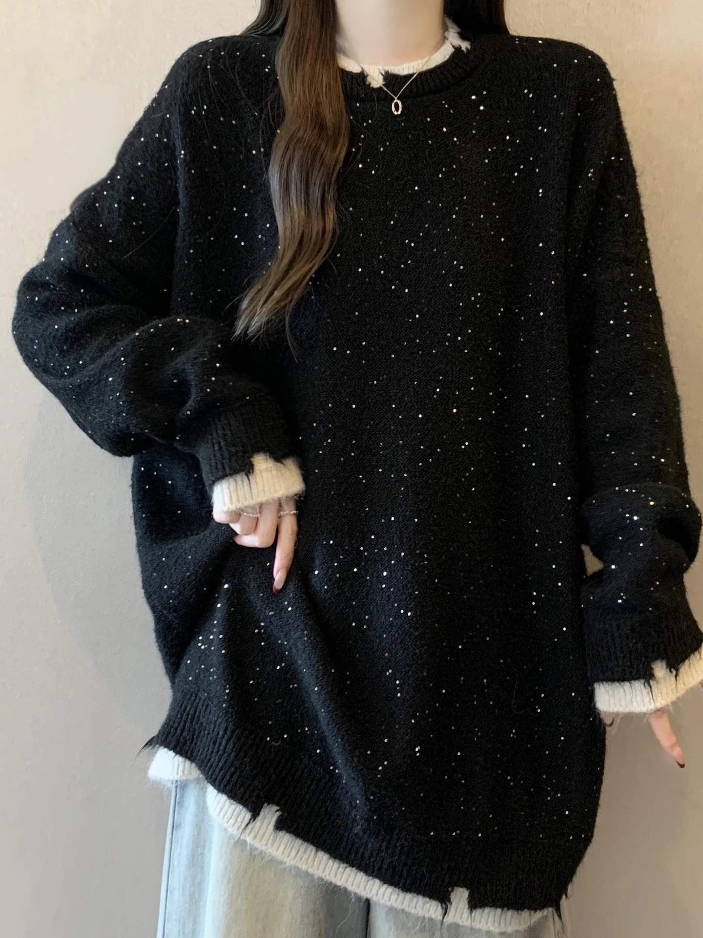 

Bla Oversized Lazy Knitted Sweater Mid-Length Women's Sle Comfortable Soft Autumn Winter Faion Casual Bicolor Design