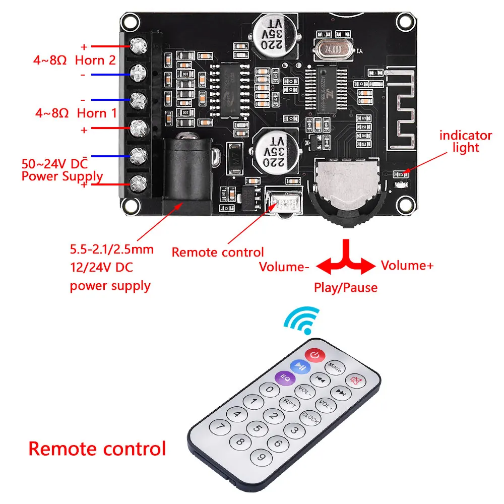 DC 5-24V 40W  Bluetooth-compatible 5.0 Stereo Audio Power Amplifier Board With Remote Control XY-P40W AMP Home Theater