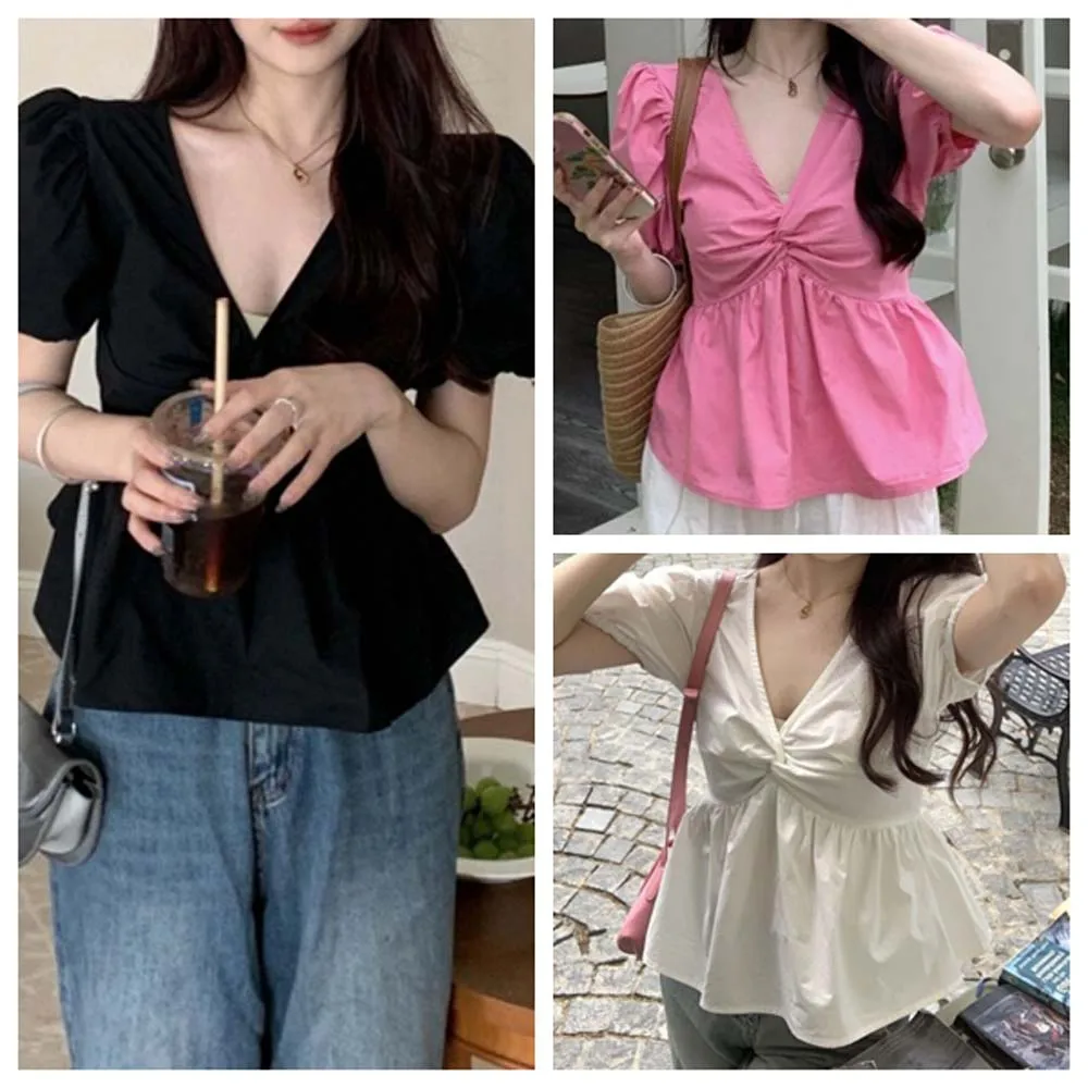 

Short Sleeved Female V-neck Tops Shirt Commuting Bottoming Shirt Korean Style Solid Color Short T-shirts Pink Black White INS