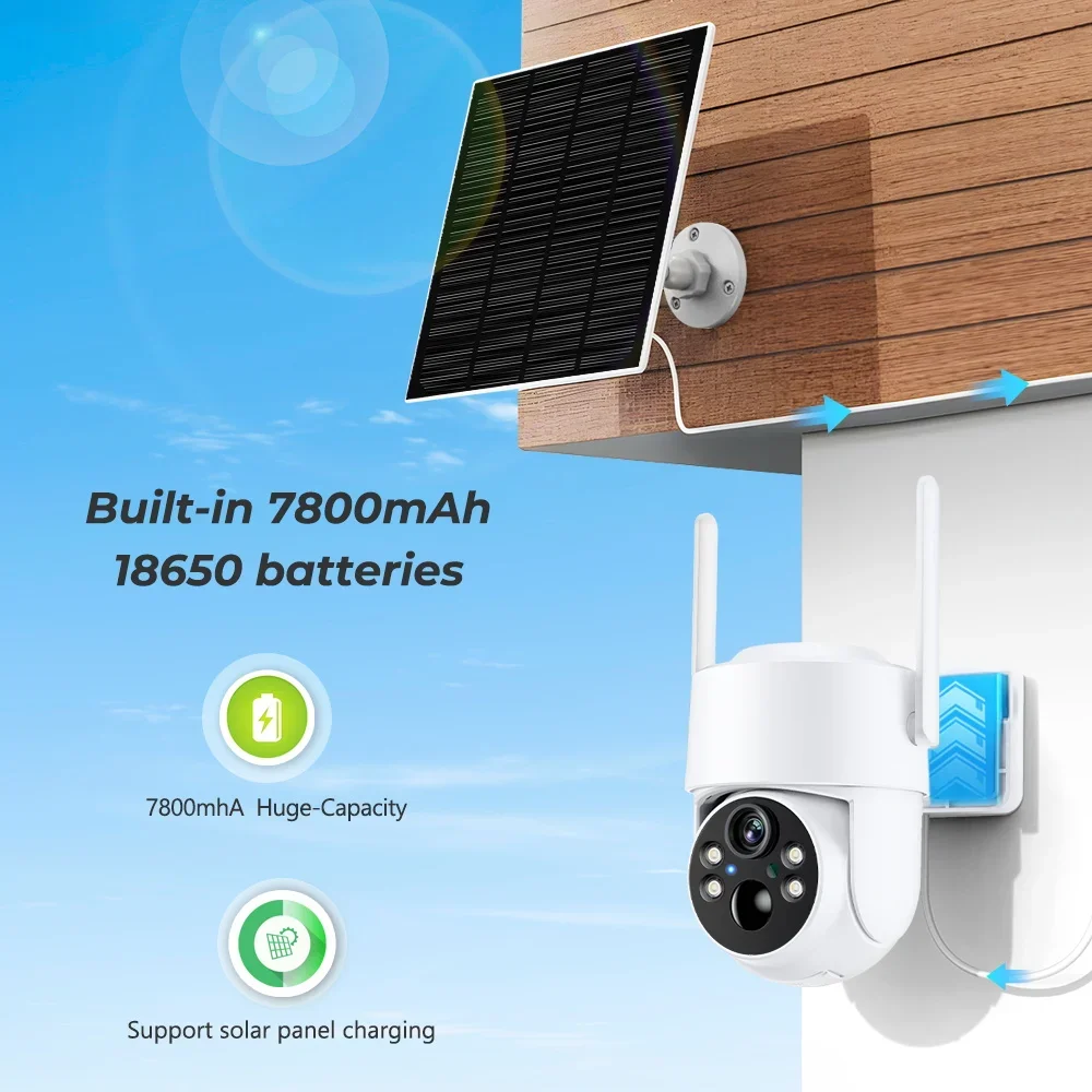 4MP Wifi Solar Camera PTZ Outdoor Auto Tracking Night Vision 1080P IP Camera Solar Panel 7800mAh Battery Recharge iCSee Choice