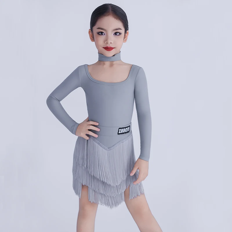 Meninas mangas compridas dança latina franjas vestido ternos crianças roupas de dança profissional desempenho dança wear sl14346