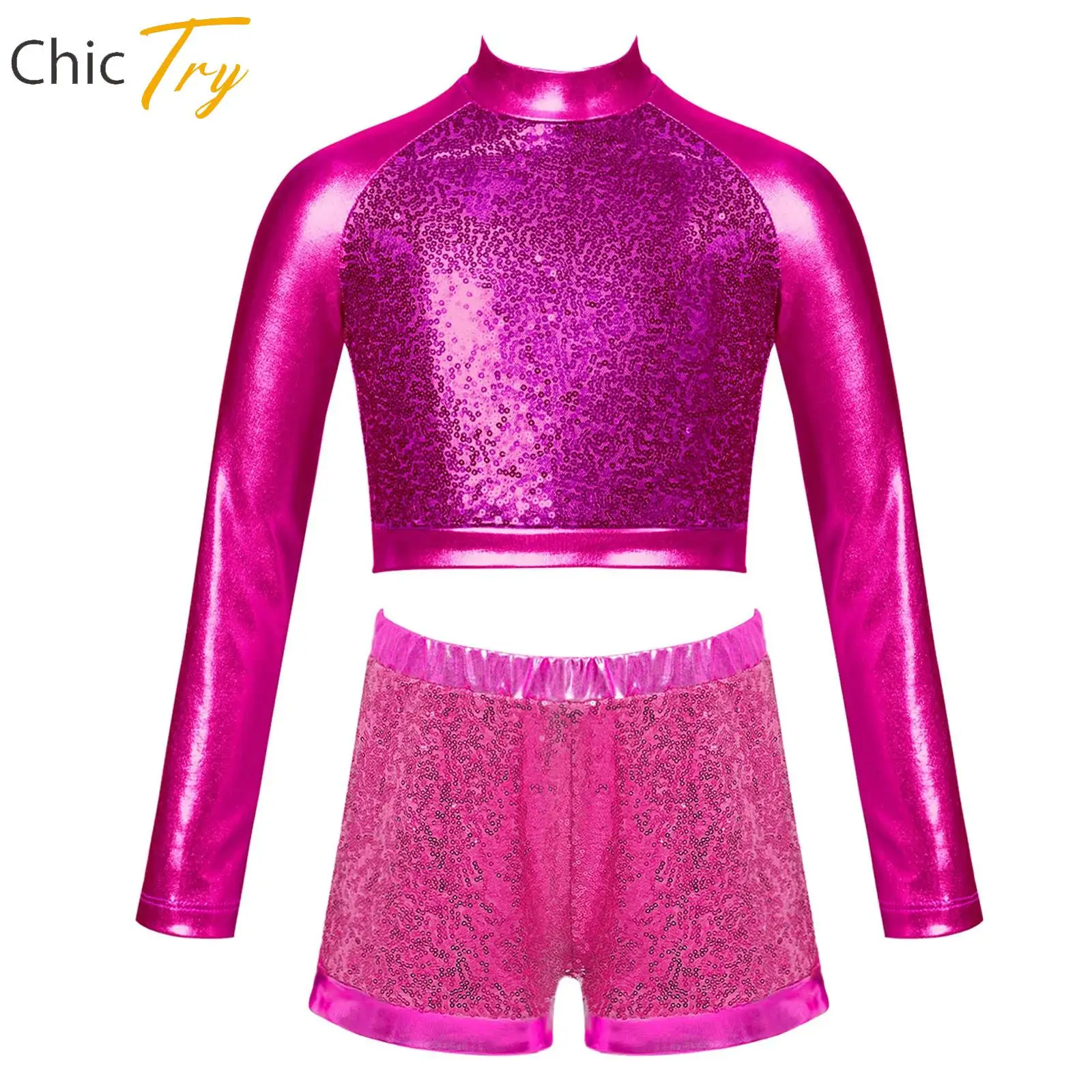 أطفال بنات الجاز ملابس الرقص قطعتين لامعة الترتر Dancewear طويلة الأكمام المحاصيل الأعلى + مجموعة تي شيرتات قصيرة للأطفال أداء ملابس تنكرية للحفلات