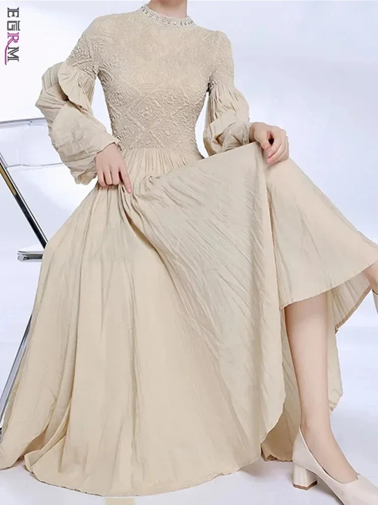 

EGRM 2025 Summer New Pleated O-Neck Beading Dress Women Evening Party A-line Irregular Full Sleeve Medium Long Dresses 6GR0928