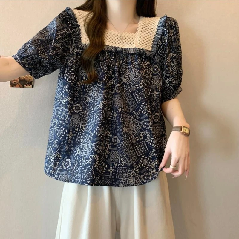 

Korean Vintage Doll Lace Square Neck Short Sleeve Patchwork Women's Shirt 2026 Summer New Arrival Floral Print