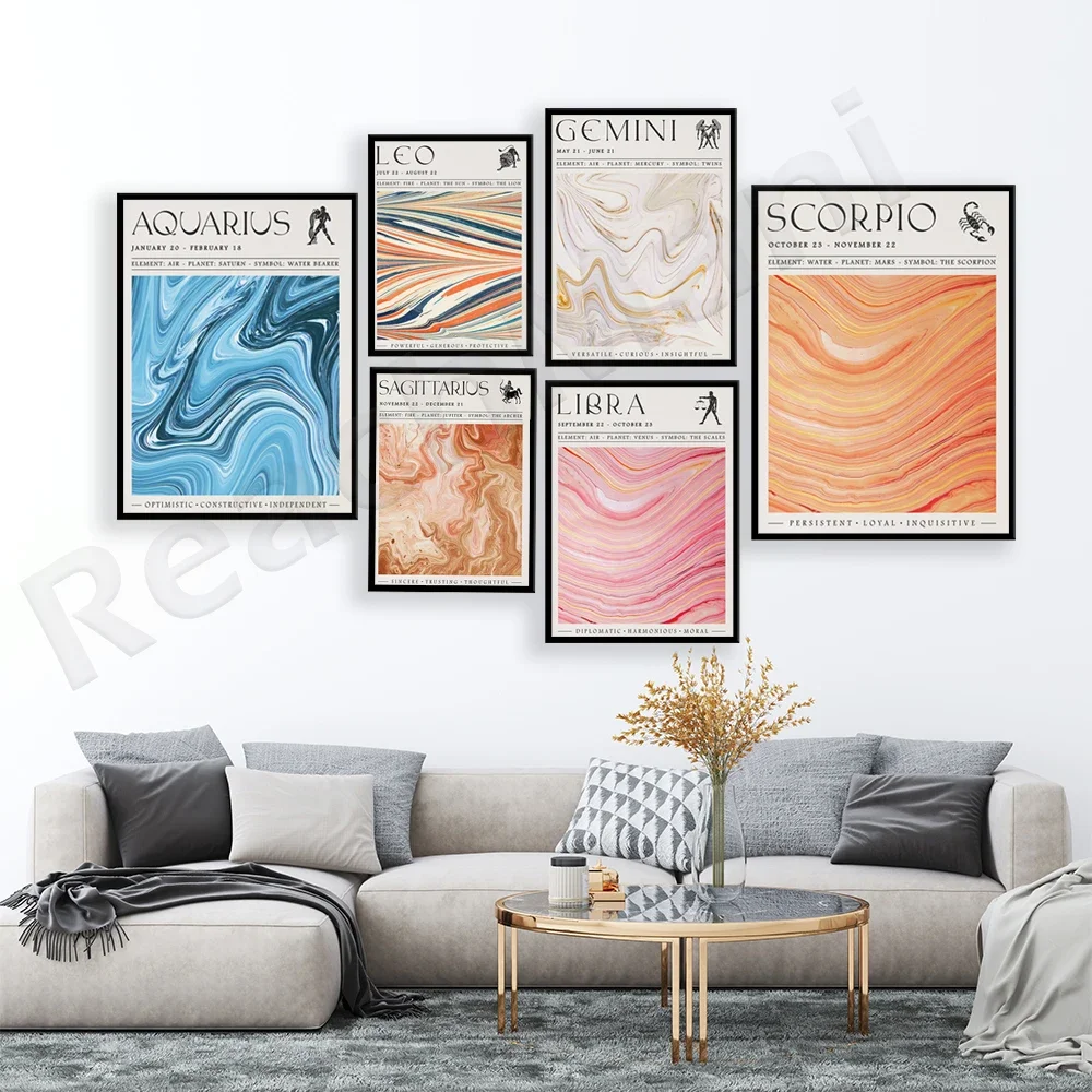 12 Zodiac Canvas Painting Aries Scorpio Virgo Taurus Pisces Poster Print Abstract Aesthetic Living Room Wall Decor Cuadros Art