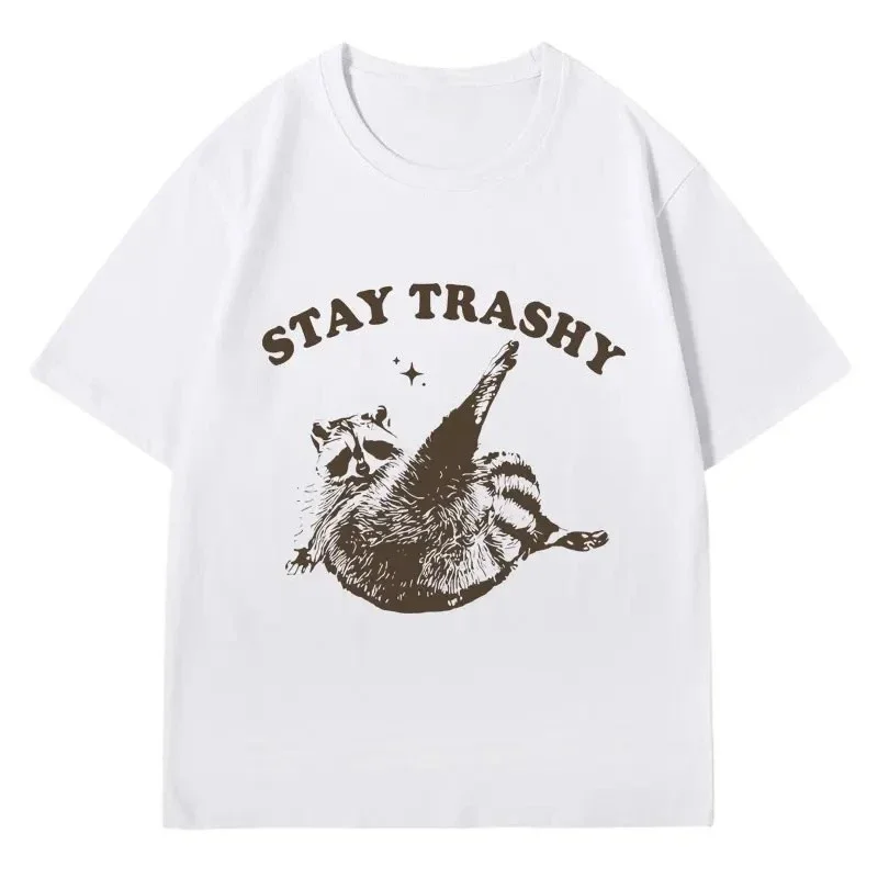 Vintage Funny Racoon T Shirt Clothes Boho Aesthetic Cute Stay Trashy T-shirt Funny Meme Sleeve Women Clothing Aesthetic Clothes